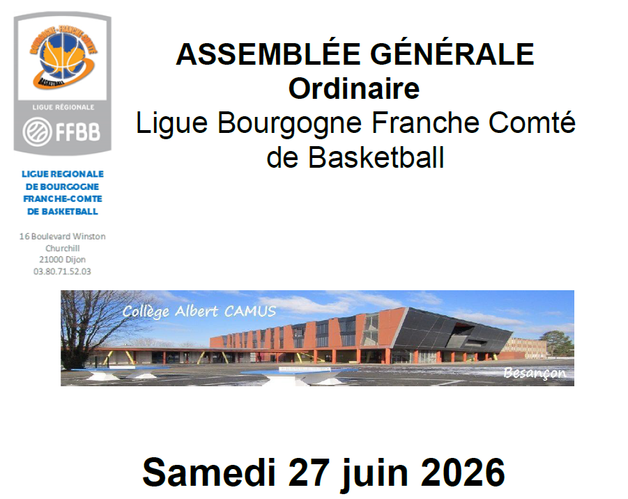 Première page de la convocation : Assemblée Générale ordinaire de la Ligue Bourgogne Franche-Comté de Basketball, Collège Albert Camus, Besançon, samedi 27 juin 2026