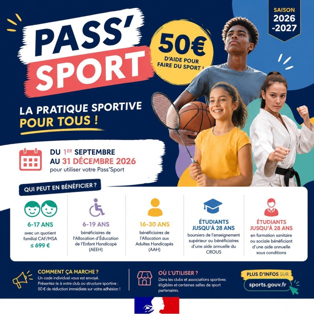 Affiche Pass’Sport 2026-2027 : la pratique sportive pour tous, 50 € d’aide pour faire du sport